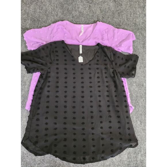 Zenana Tops - Zenana Womens Large Lot of 2 Short Sleeve Swiss Dot Blouse V-Neck Black Purple